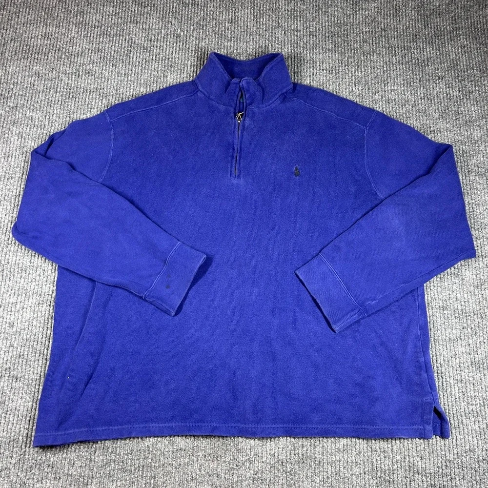 Vintage Polo Ralph Lauren Sweater Mens 2XL Blue Tight Knit Mock Neck Quarter Zip